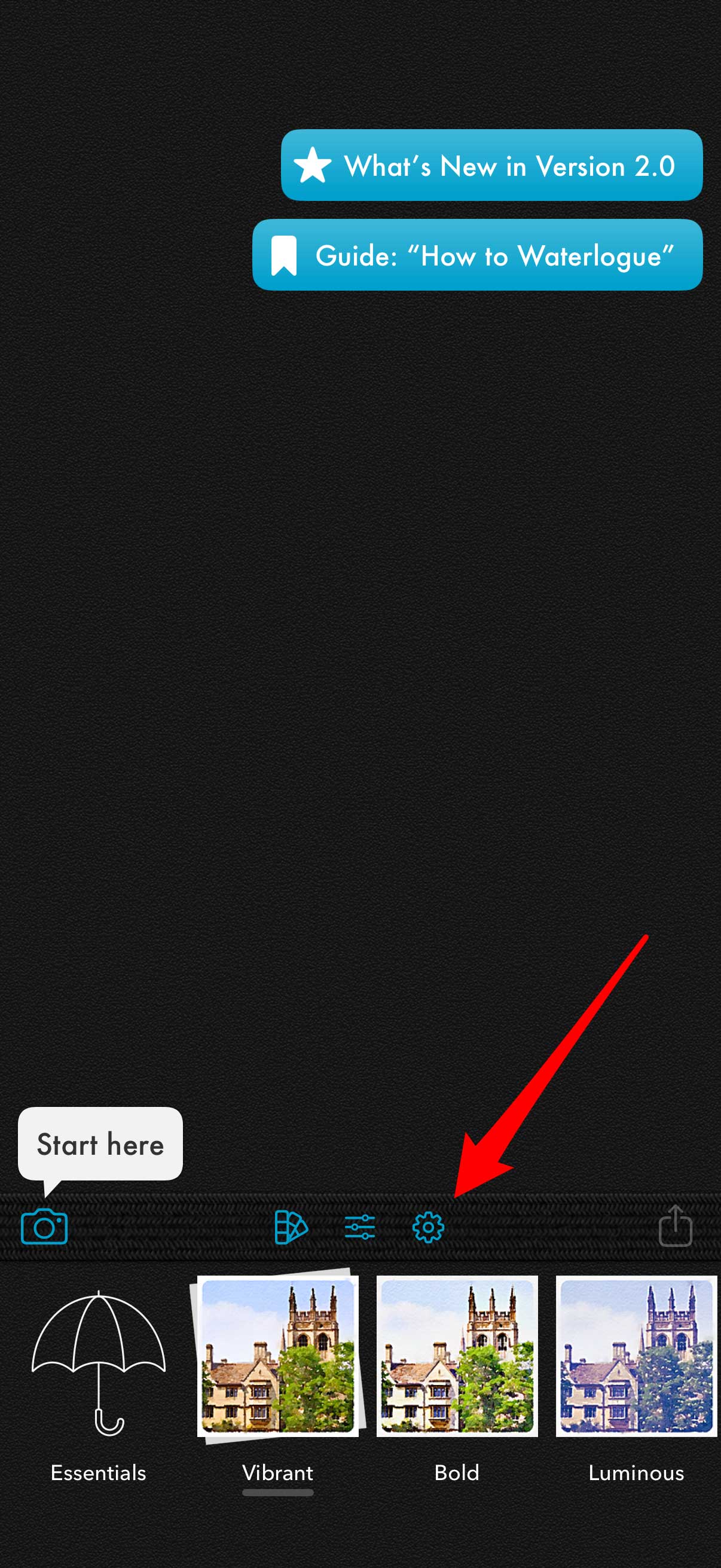 Waterlogue toolbar with gear icon