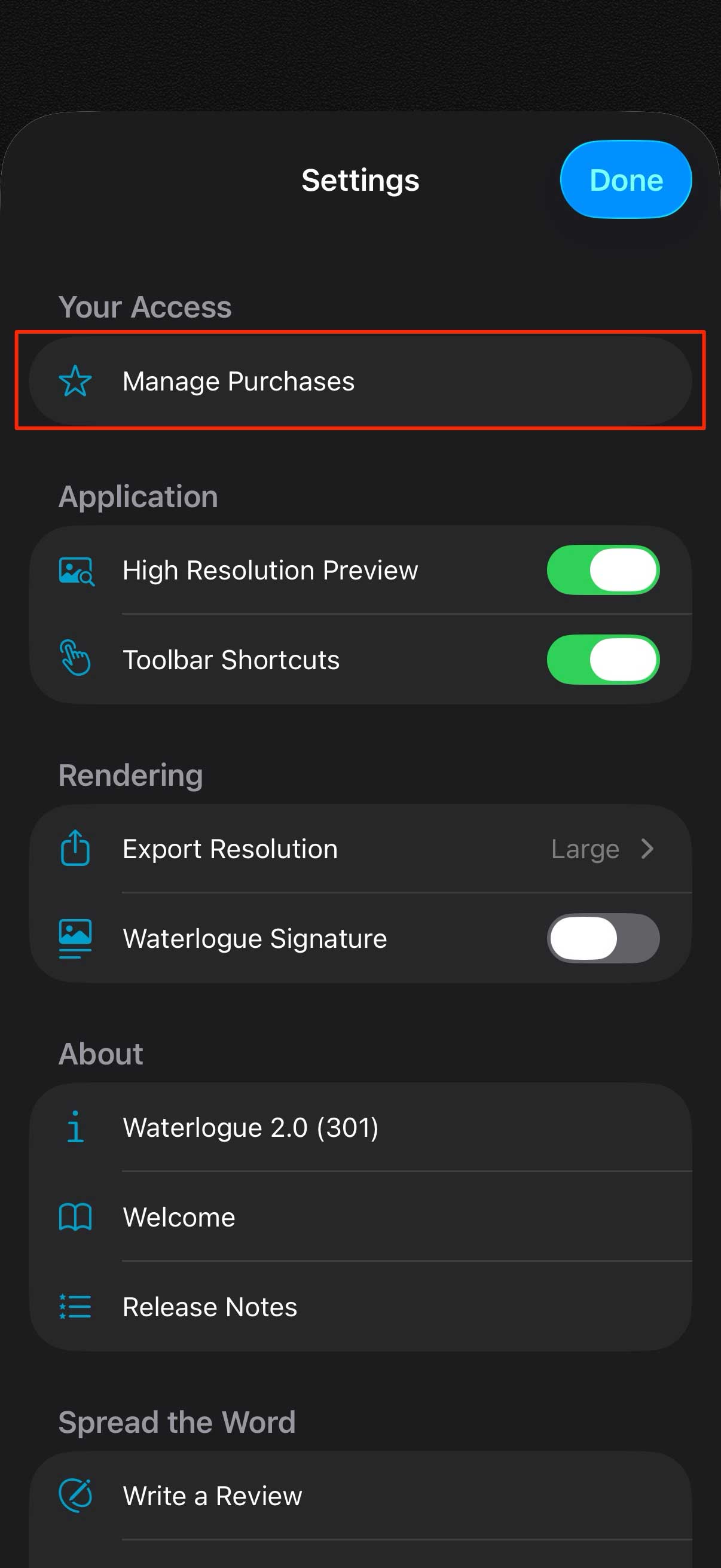 Settings screen showing Manage Purchases